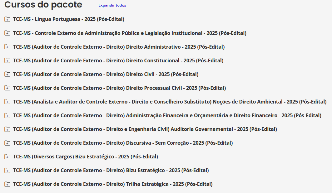 Informações do Curso TCE-MS 2025 (Auditor de Controle Externo - Direito) Pós-Edital - Estratégia