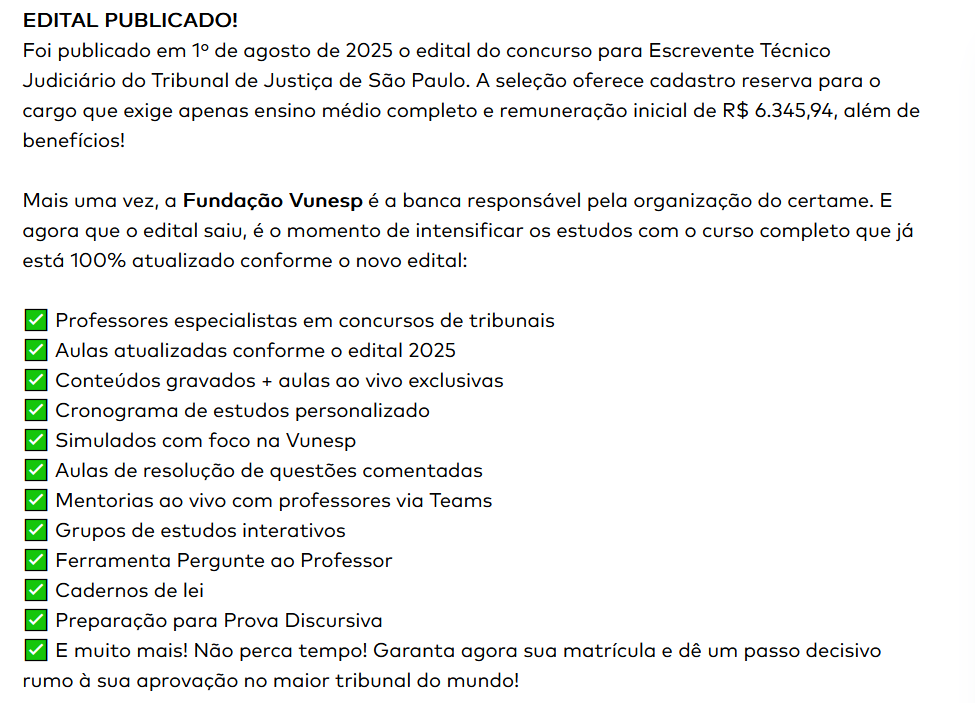 Informações Rateio TJ-SP Pós-Edital 2025 - Escrevente Técnico Judiciário - Ceisc