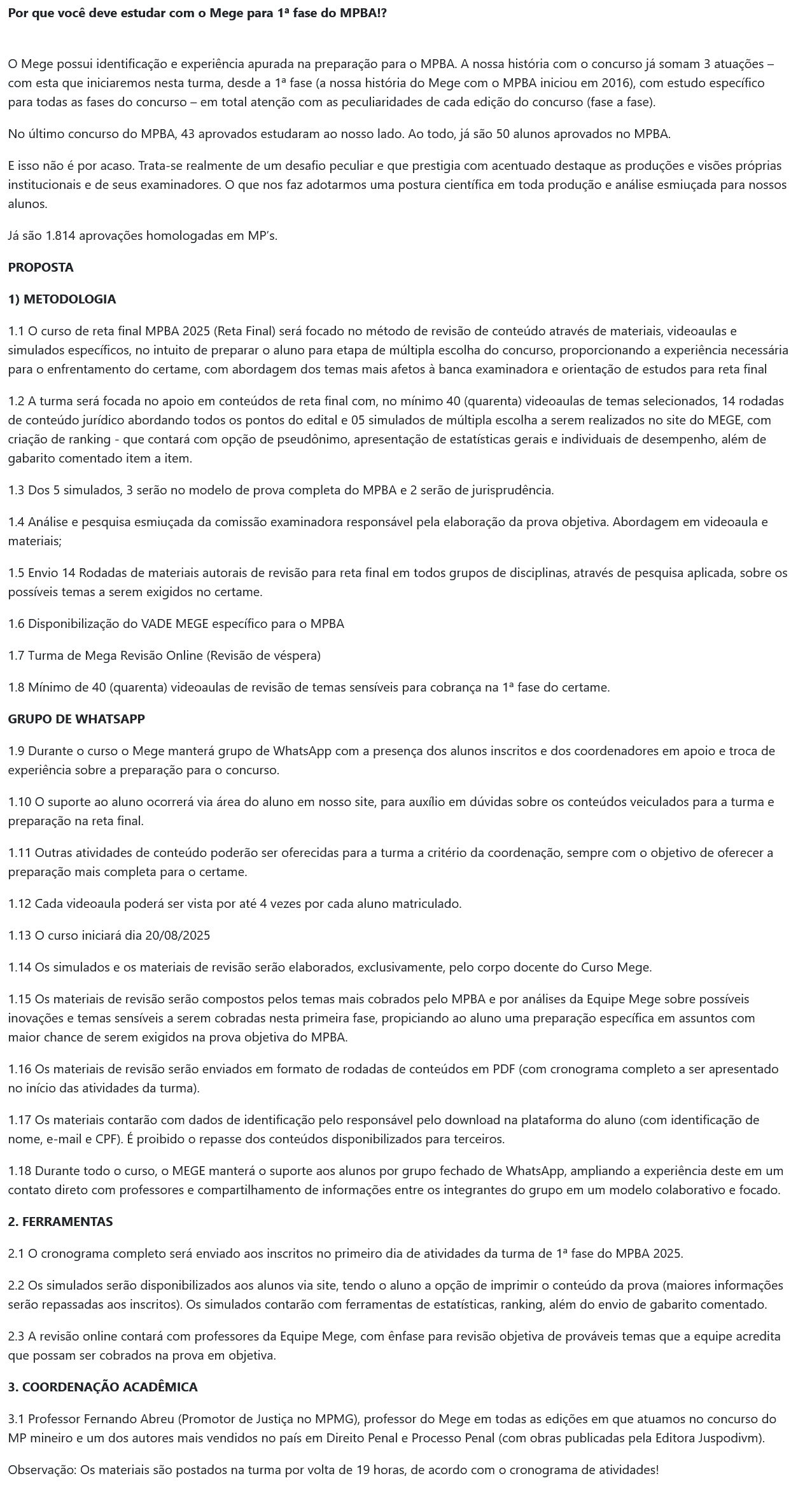 Informações do Rateio MPBA 2025 Pós-Edital (Reta Final) Mege