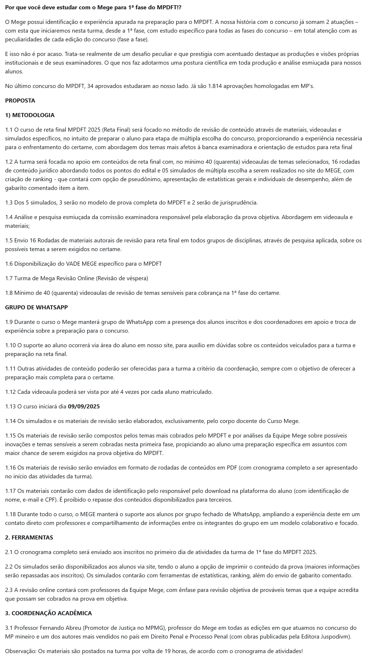 Informações do Rateio MPDFT 2025 Pós-Edital (Reta Final) - Mege
