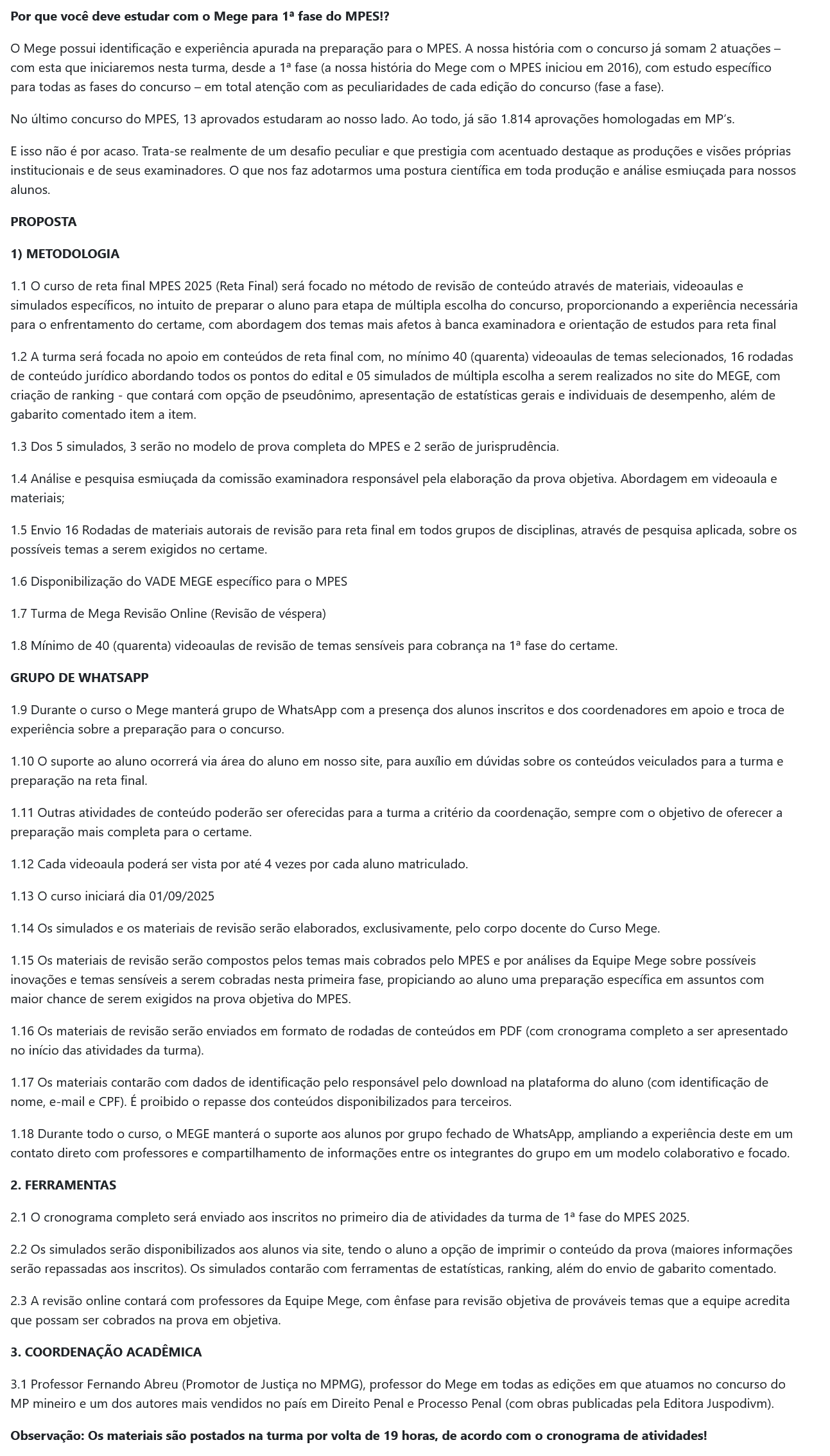 Informações do Rateio MPES 2025 Pós-Edital (Reta Final) Mege