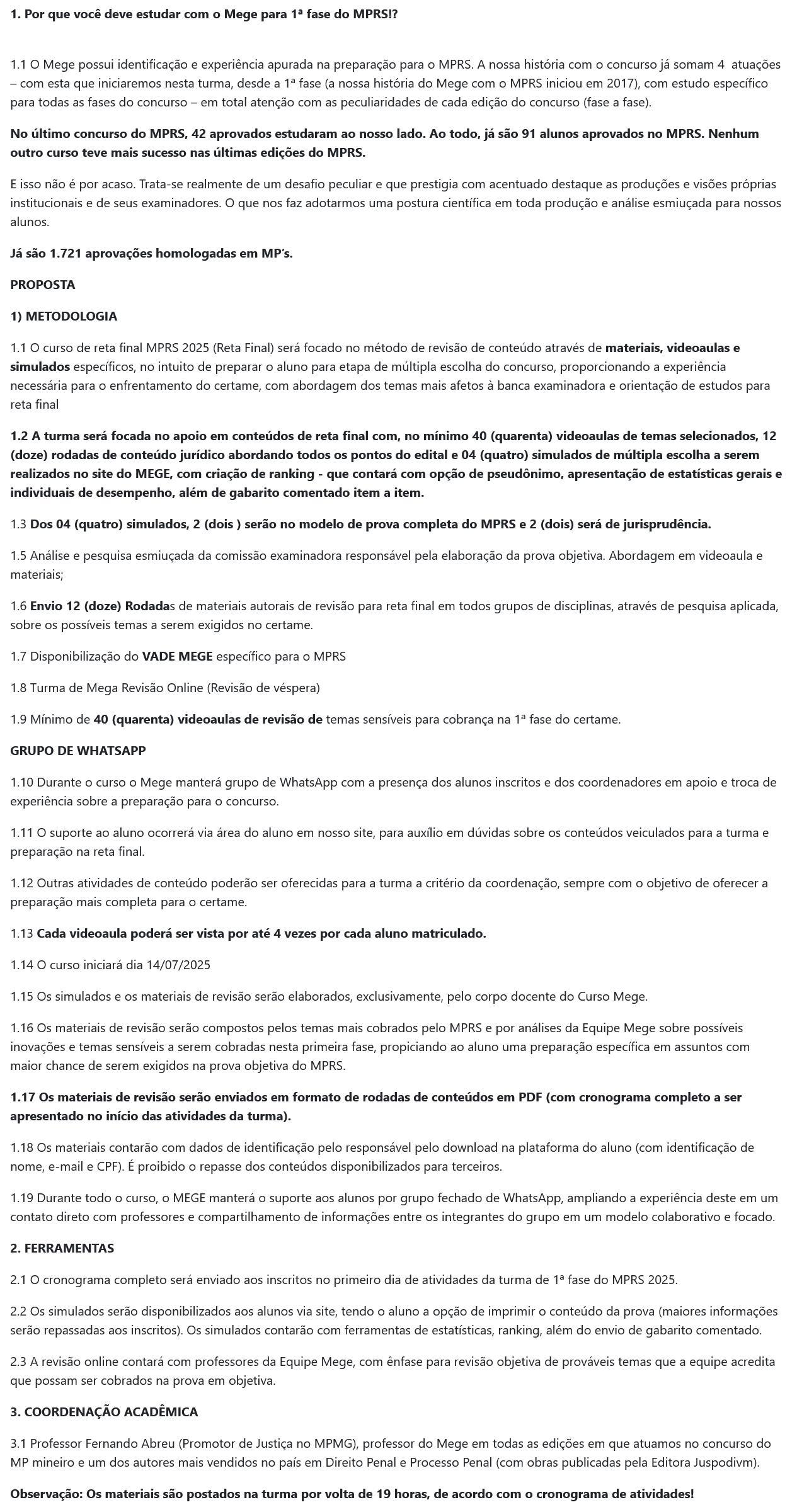 Informações do Rateio MPRS 2025 Promotor (Reta Final) Mege