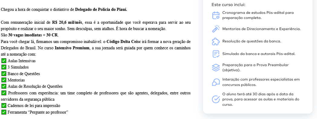 Informações do Rateio PC-PI 2025 Intensivo Premium (Delegado de Polícia Civil) Ceisc