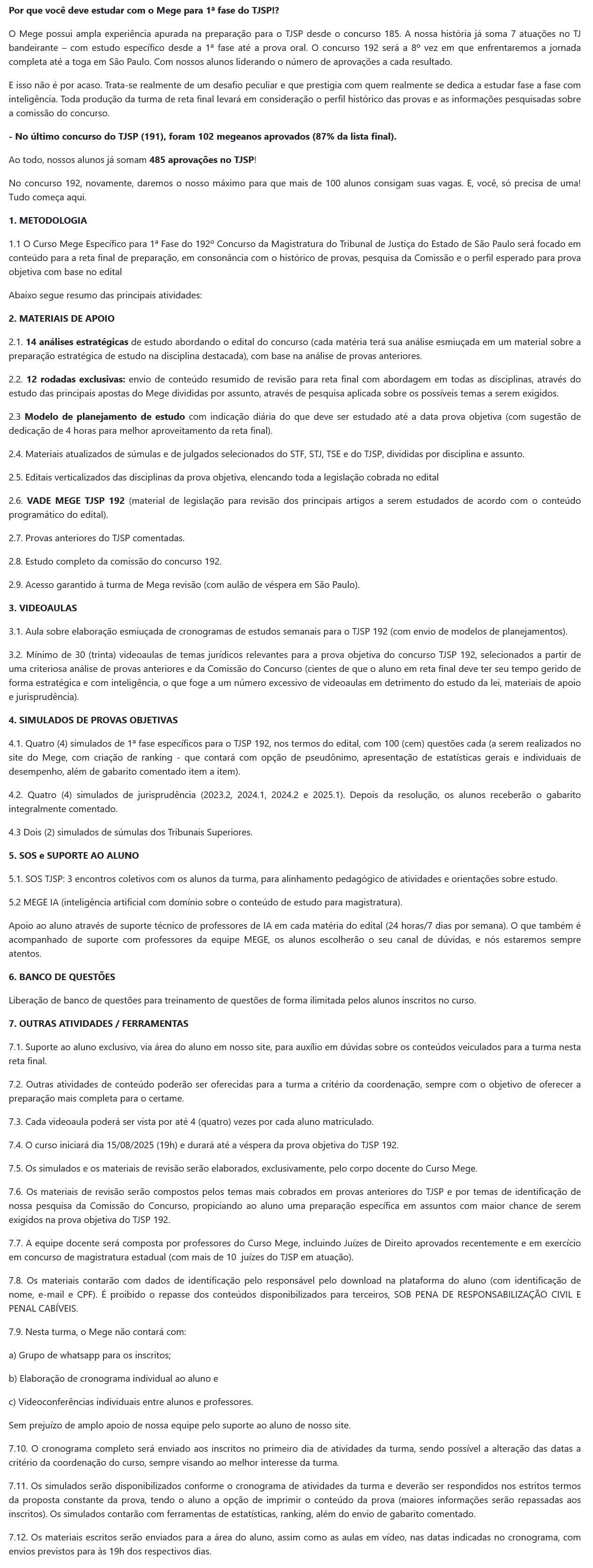 Informações do Rateio TJSP 192 (Pós-edital 2025) Mege