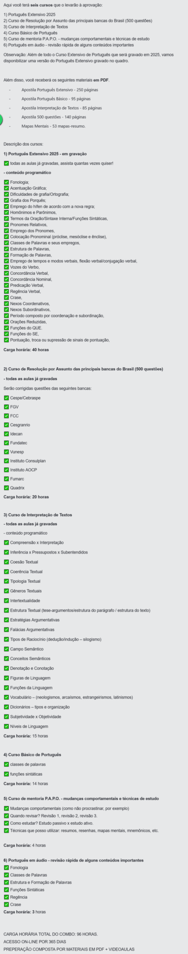Informações Rateio Português Extensivo 2025 + 6 bônus (Combo) Andresan