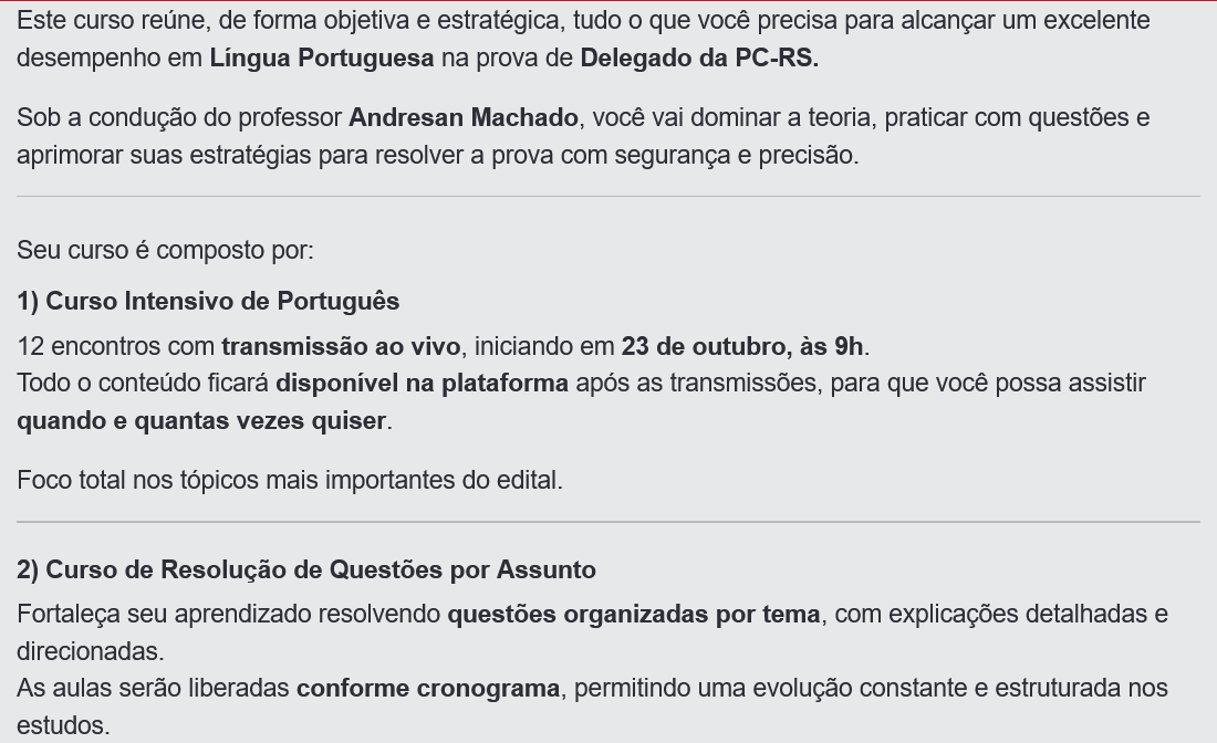 Informações Rateio Português para Delegado PC-RS 2025 (Pós-Edital) Andresan
